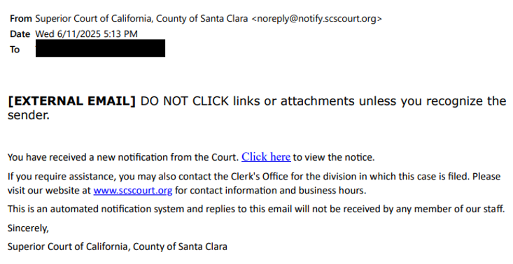 E-Notice Example Email
